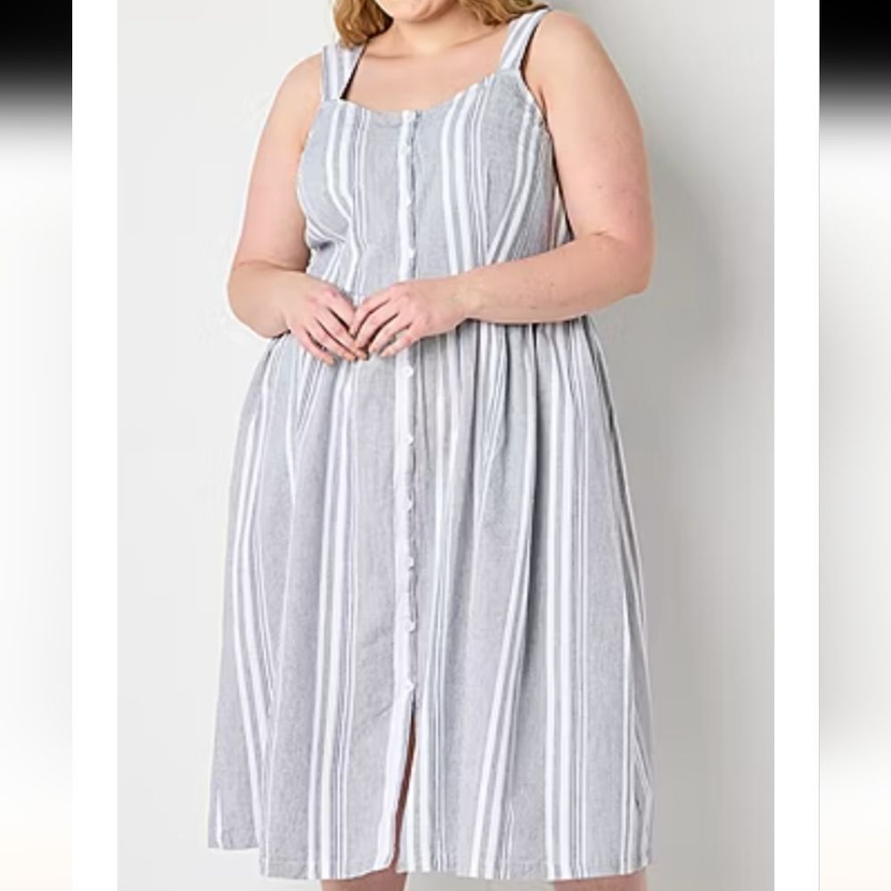 a.n.a Blue and White Striped Buttom Front Midi Dress Size XXL